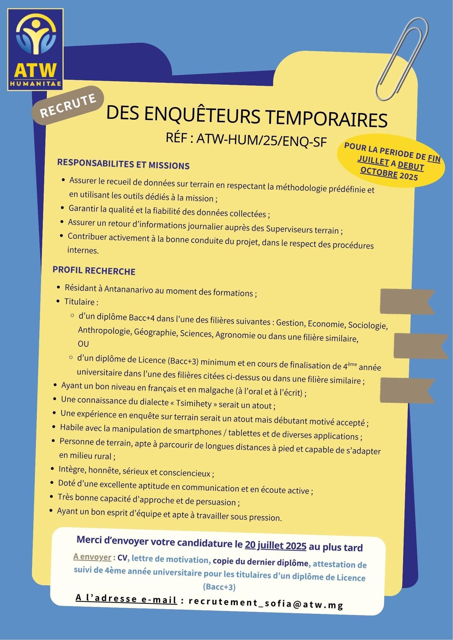 RECRUTEMENT DES ENQUÊTEURS TEMPORAIRES