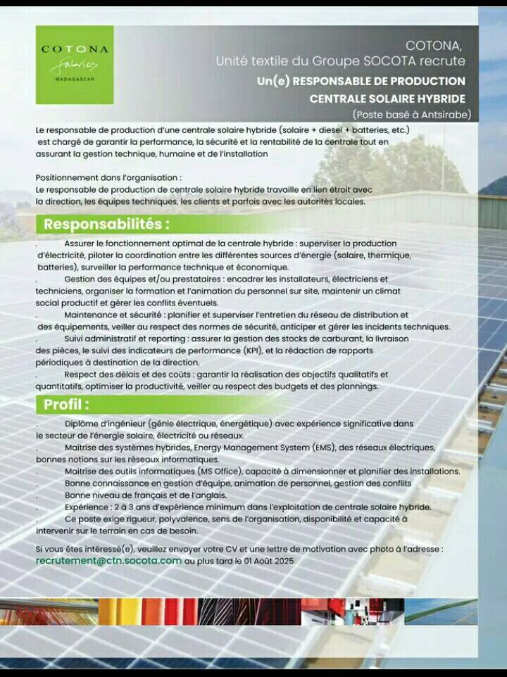 Recrutement d' un(e) Responsable de Production Centrale Solaire Hybride