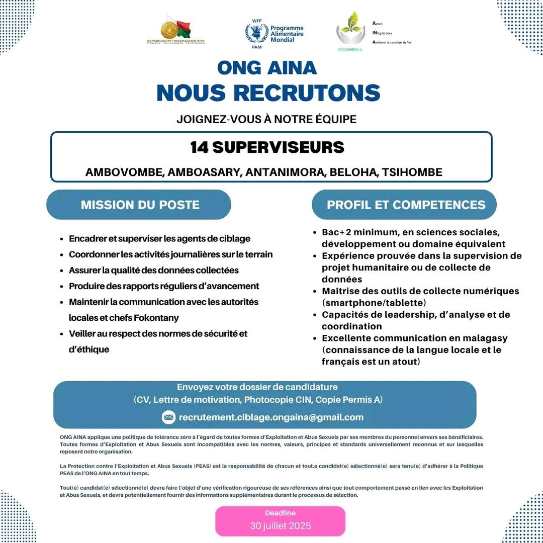 Recrutement de 14 superviseurs