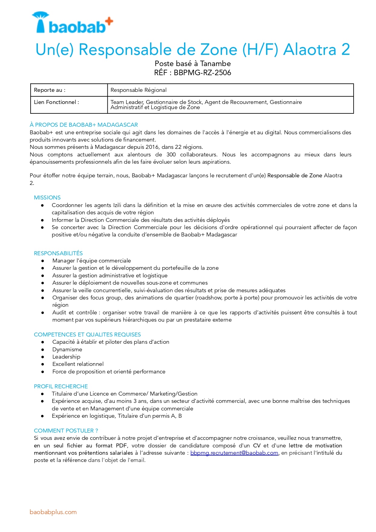 Recrutement d 'un(e) Responsable de Zone (H/F) Alaotra 2