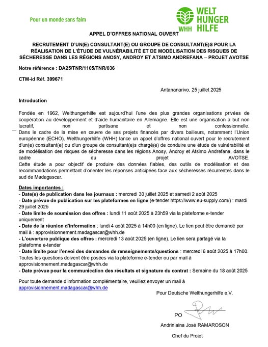  Recrutement d'un(e) consultant(e) ou groupe de consultant(e)s pour la réalisation de l'étude de vulnérabilité et de modélisation des risques de sécheresse