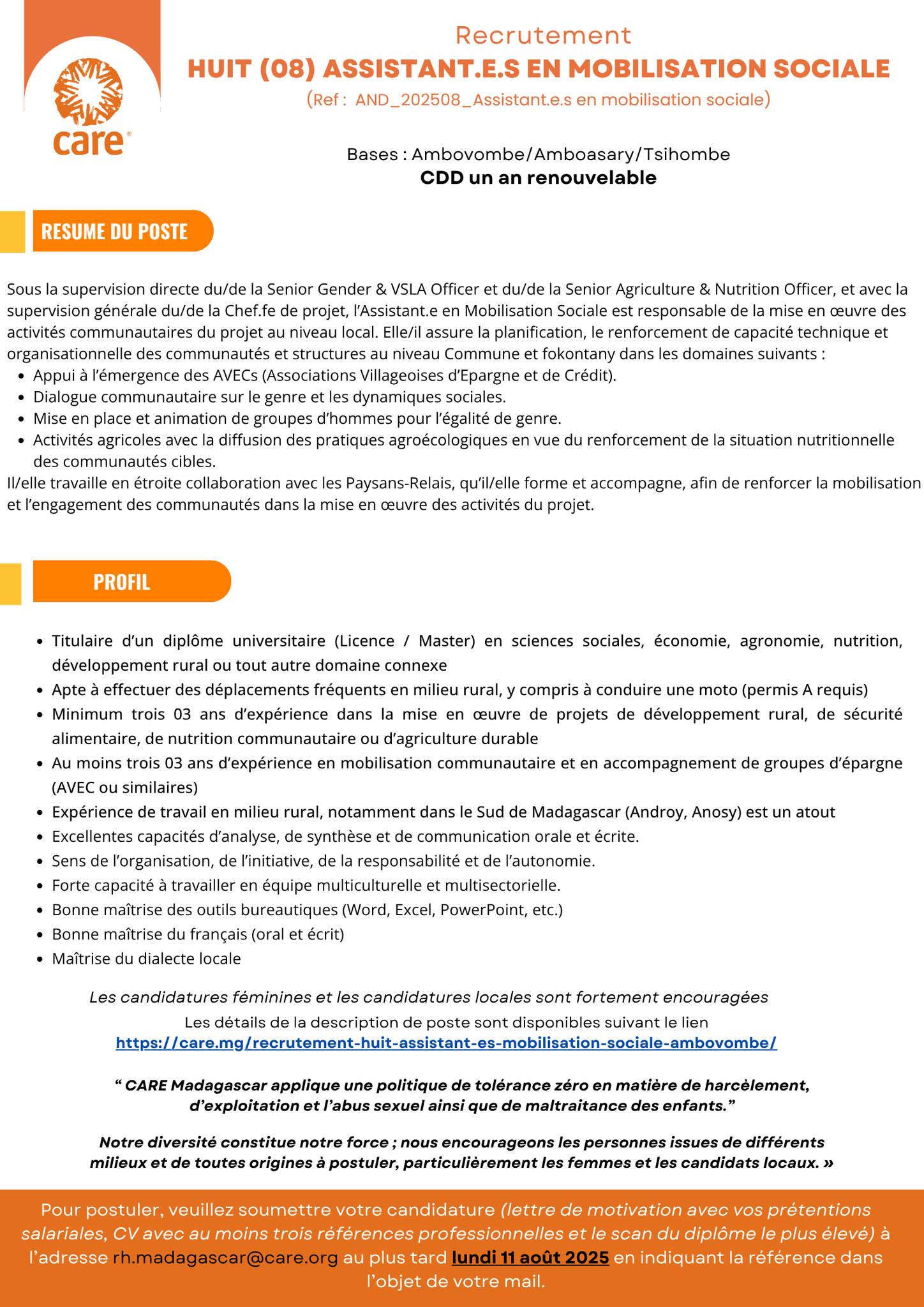 Recrutement de Huit (08) Assistant(e)s en Mobilisation Sociale