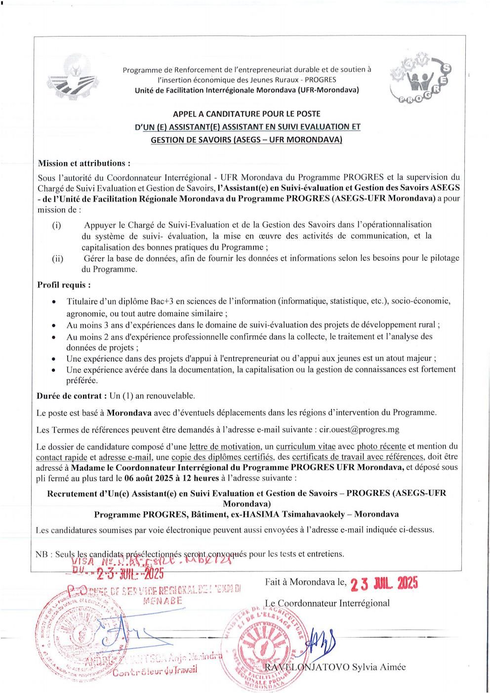 Recrutement d' un(e) Assistant(e) en Suivi Évaluation et Gestion de Savoirs