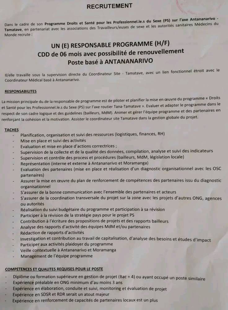 Recrutement d'un(e) Responsable Programme (H/F)