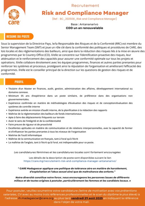 Recrutement d'un Risk and Compliance Manager