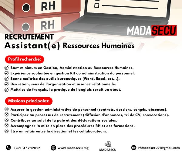 Recrutement d'un(e) Assistant(e) Ressources Humaines