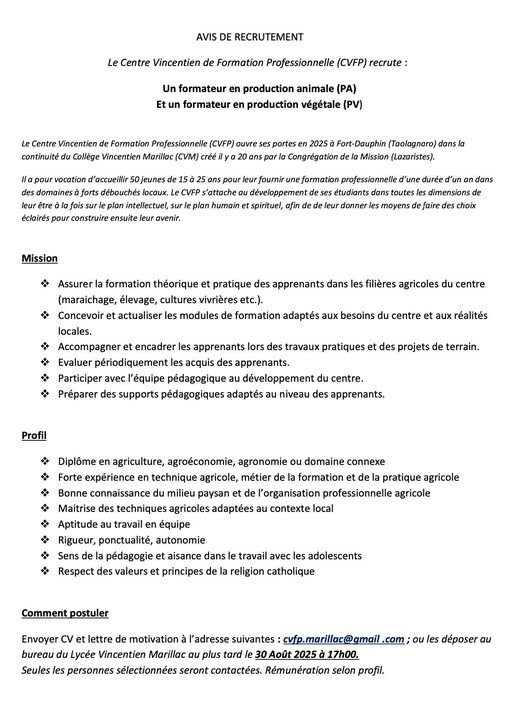 Recrutement de Formateur en production animale (PA) et formateur en production végétale (PV)