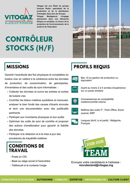 Recrutement d'un Contrôleur Stocks (H/F)