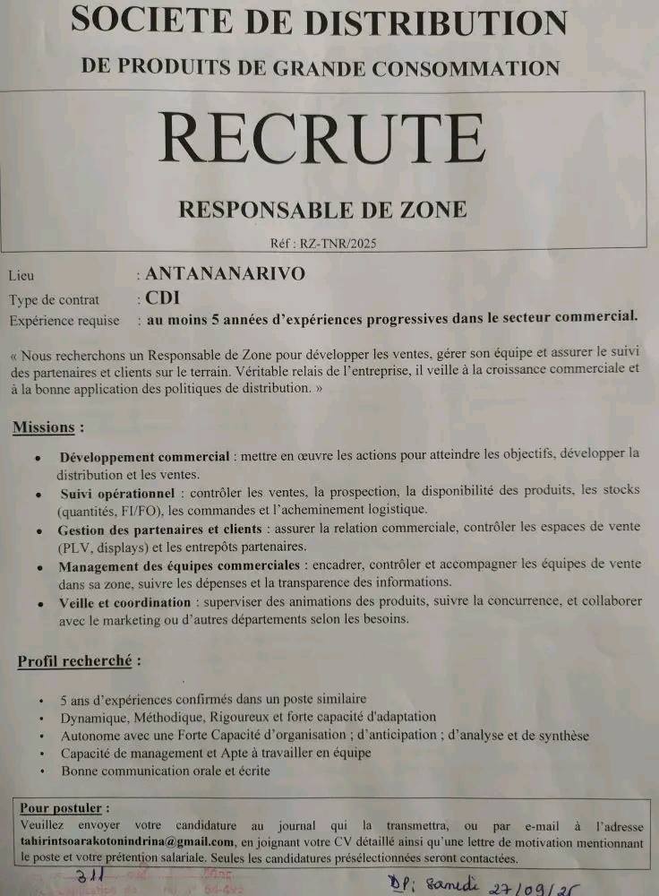 Recrutement d'Un(e) Responsable de Zone