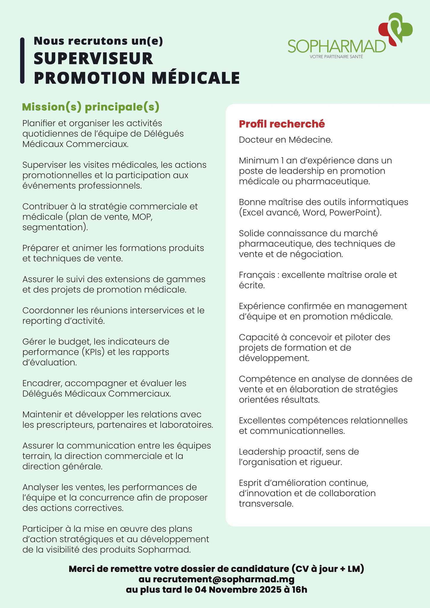 Recrutement d'un(e) Superviseur promotion médicale