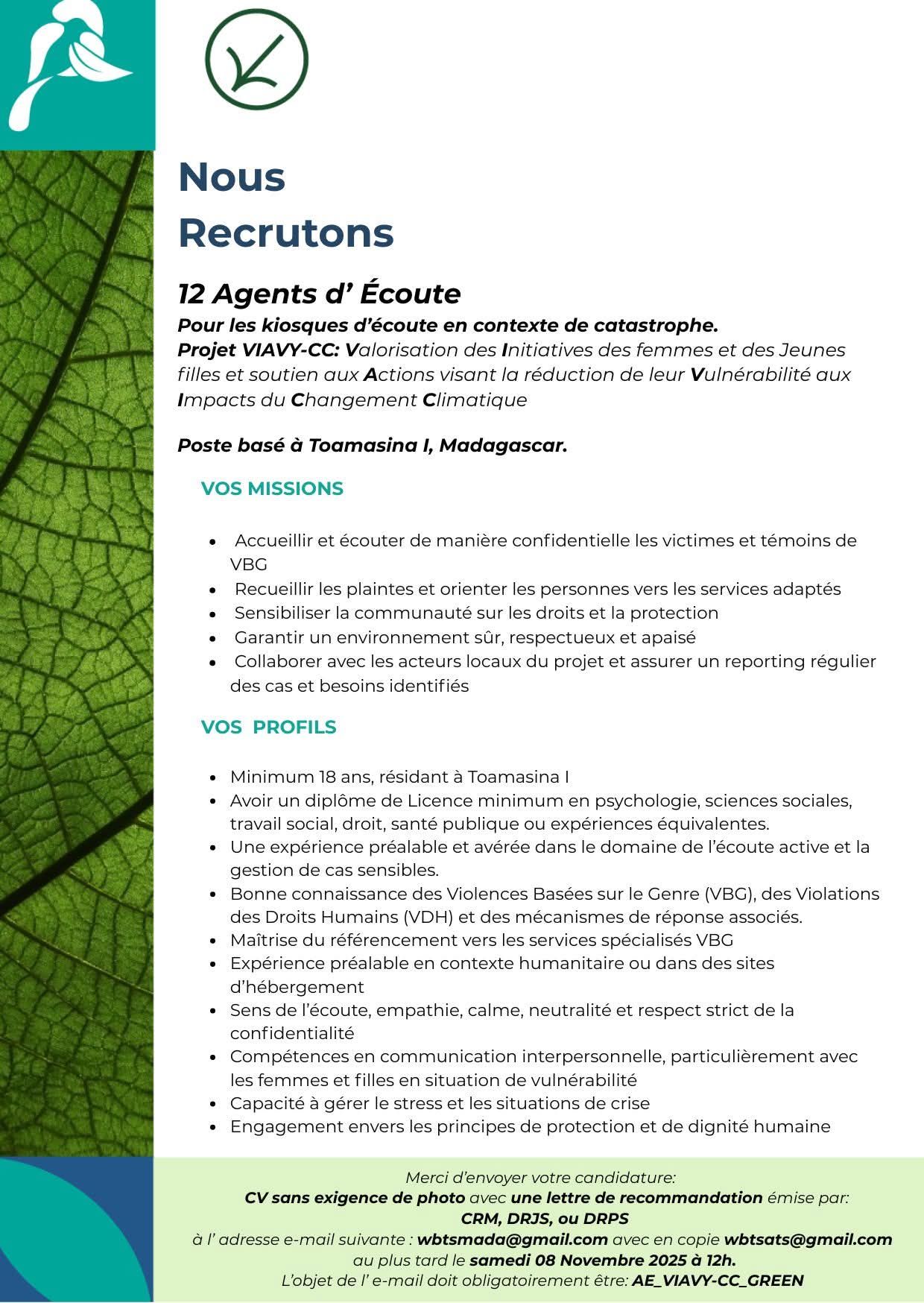 Recrutement d' Agents d'écoute (12 postes disponibles)