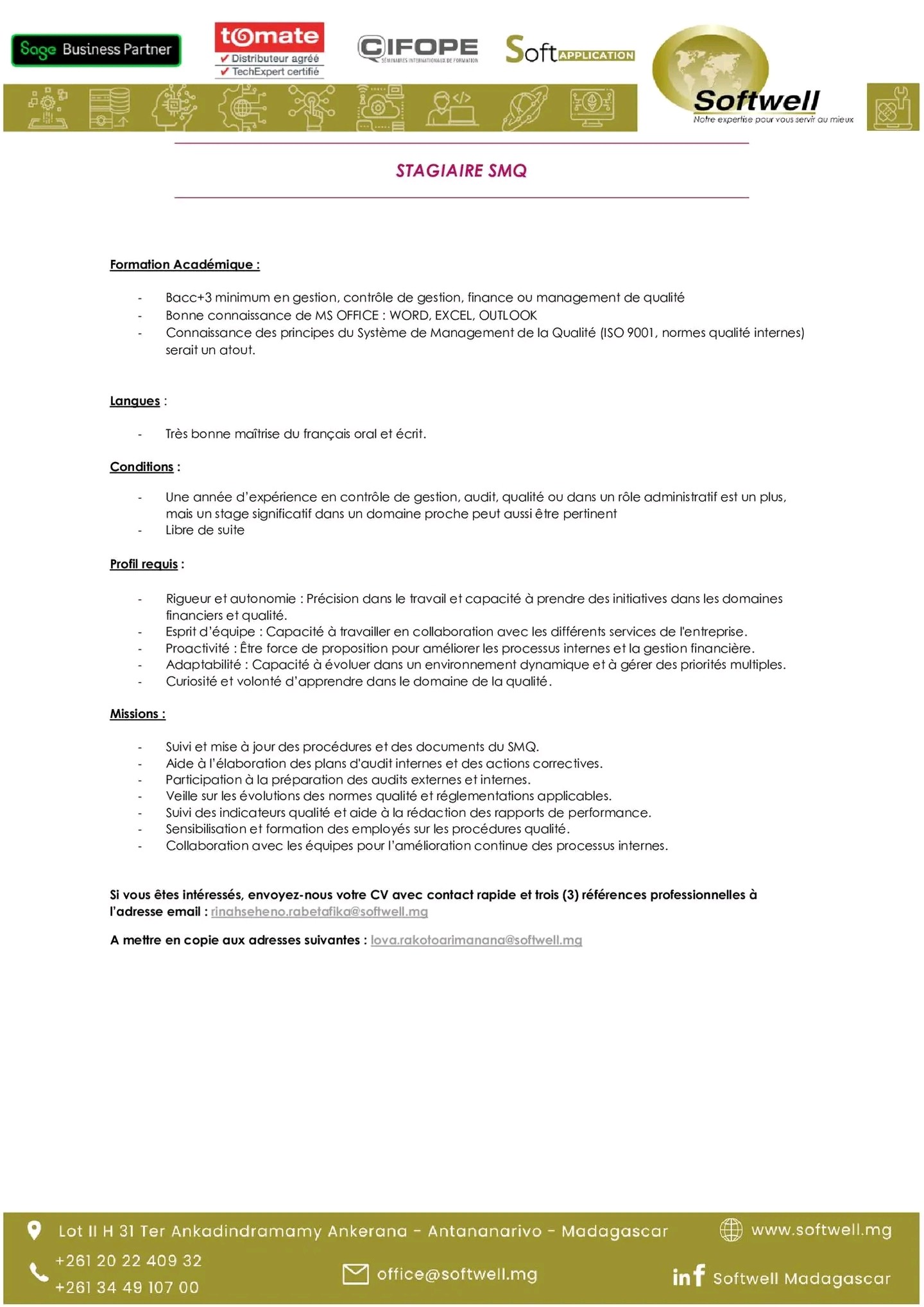 Recrutement : Stagiaire SMQ (Système de Management de la Qualité)