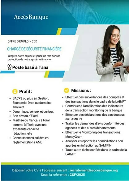 Recrutement pour le poste de Chargé de Sécurité Financière