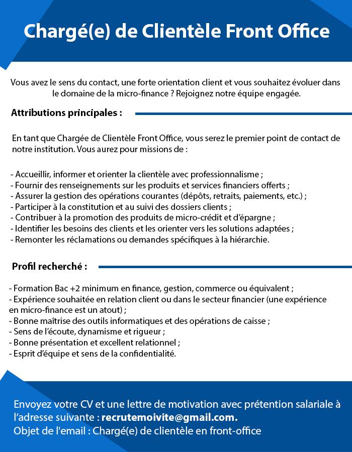 Recrutement pour le poste de Chargé(e) de Clientèle Front Office