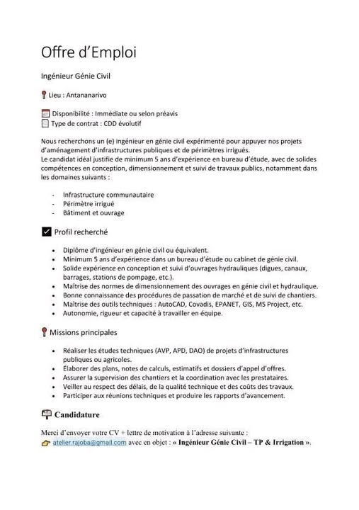 Recrutement pour le poste d’Ingénieur Génie Civil