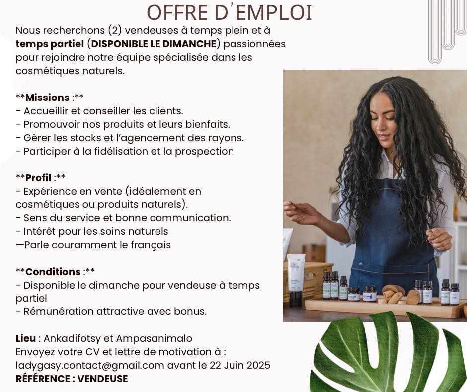 Recrutement pour le poste de vendeuse en cosmétiques naturels